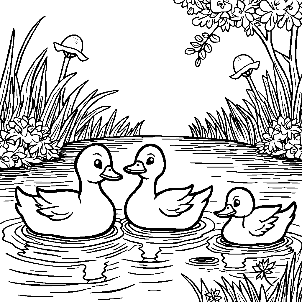 A happy family of ducks swimming in a pond