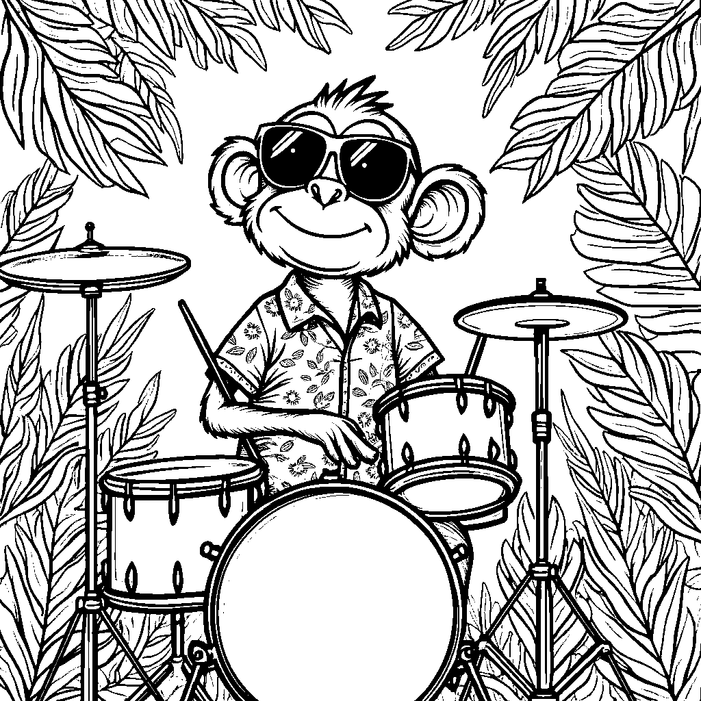 A happy monkey playing drums in a jungle band