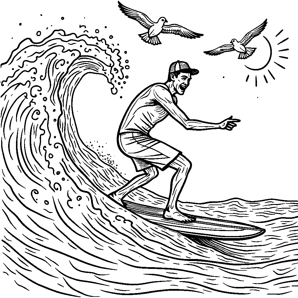 A happy surfer riding a wave at the beach