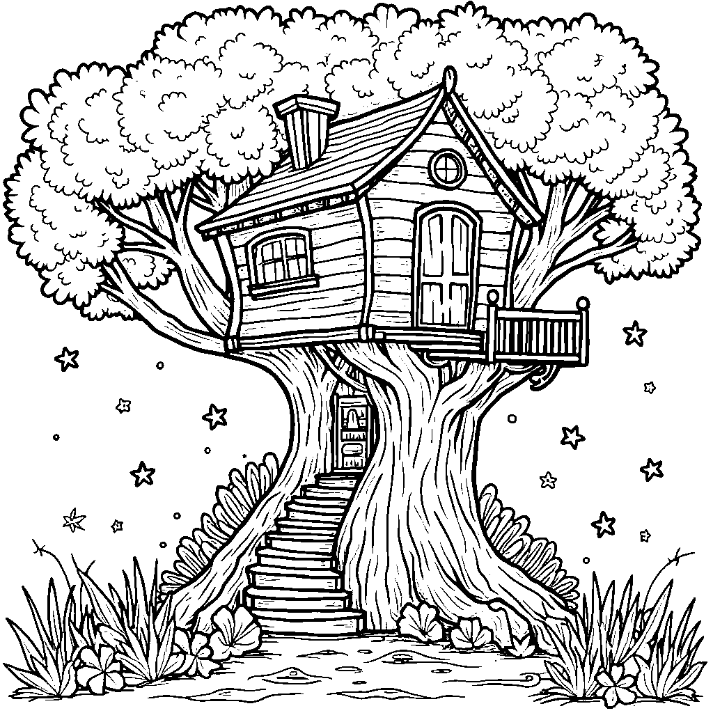 A magical treehouse with a winding staircase and a secret door