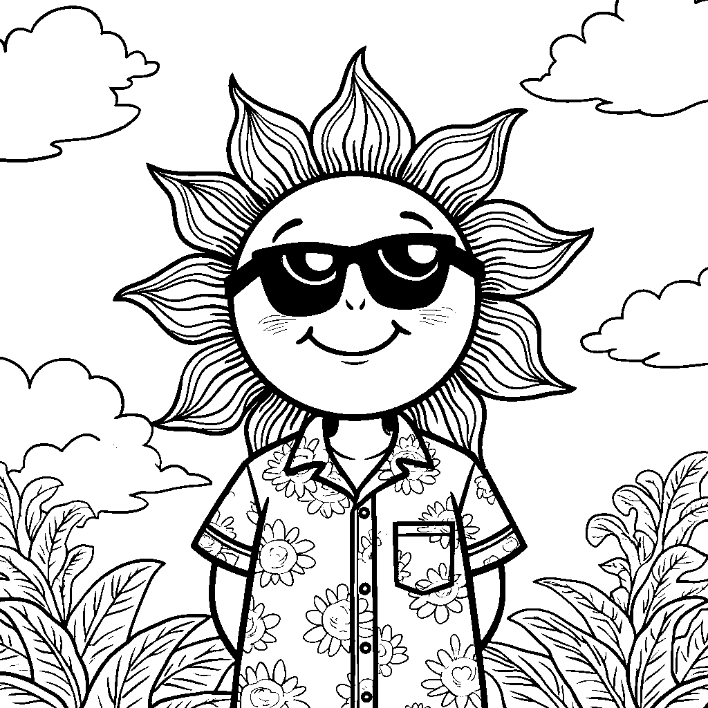 A smiling sun wearing sunglasses and a Hawaiian shirt