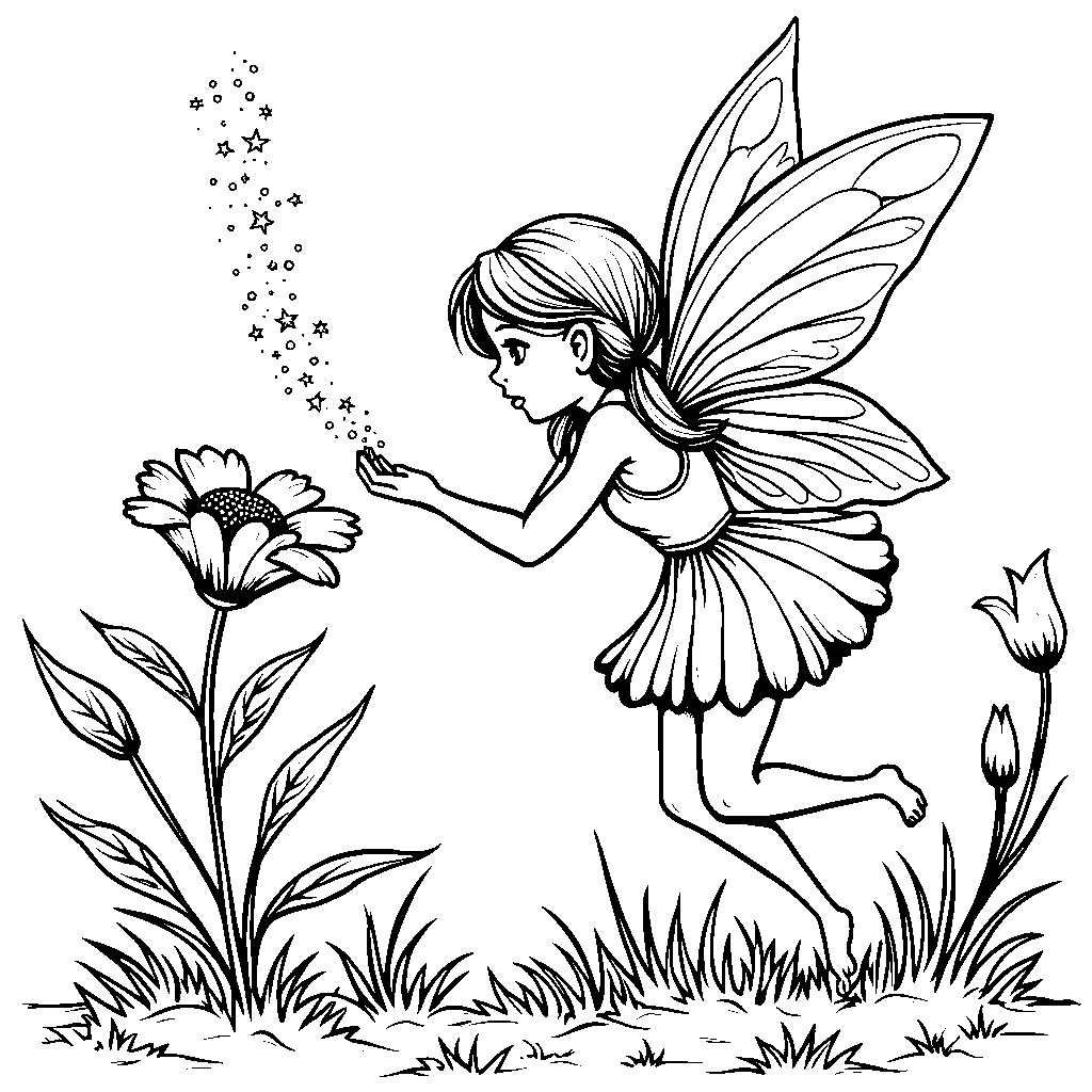 A sweet fairy sprinkling magic dust on a flower