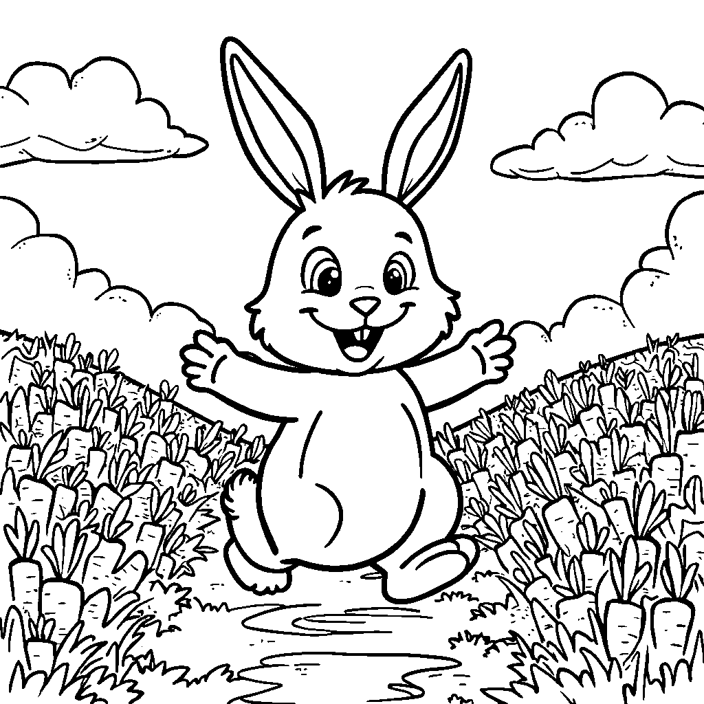 A happy rabbit hopping through a field of carrots