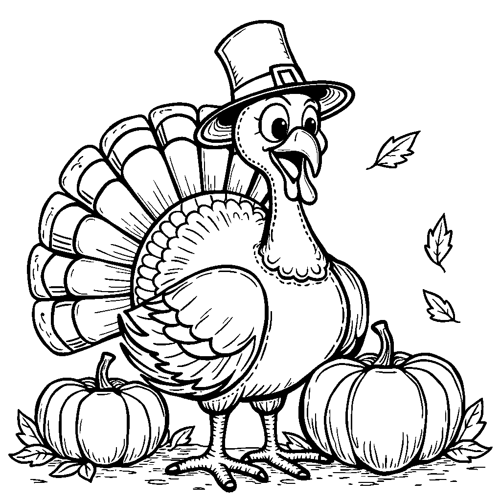 A happy turkey wearing a pilgrim hat