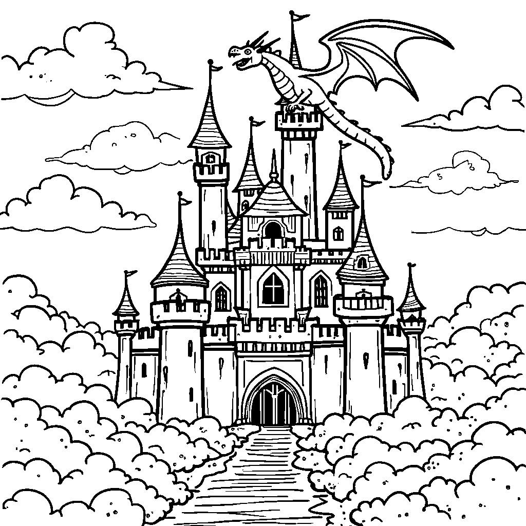 Magical castle with towers and a dragon flying overhead