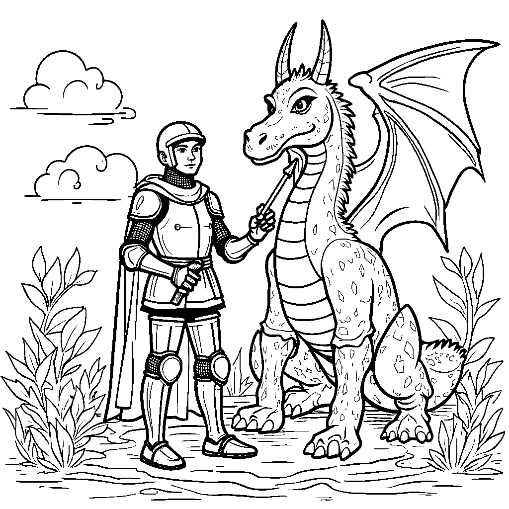 A brave knight fighting a dragon with a paintbrush