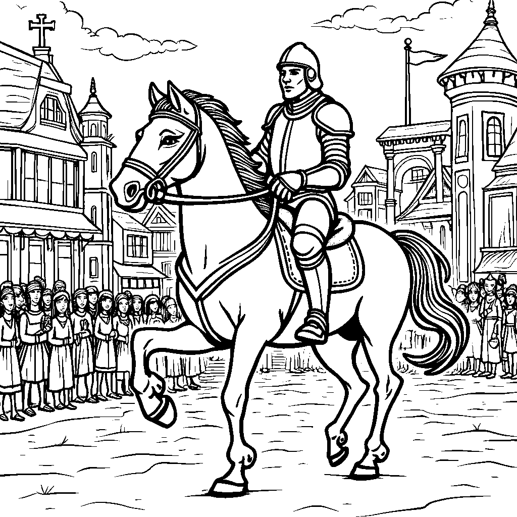 A brave knight riding a horse through a medieval town