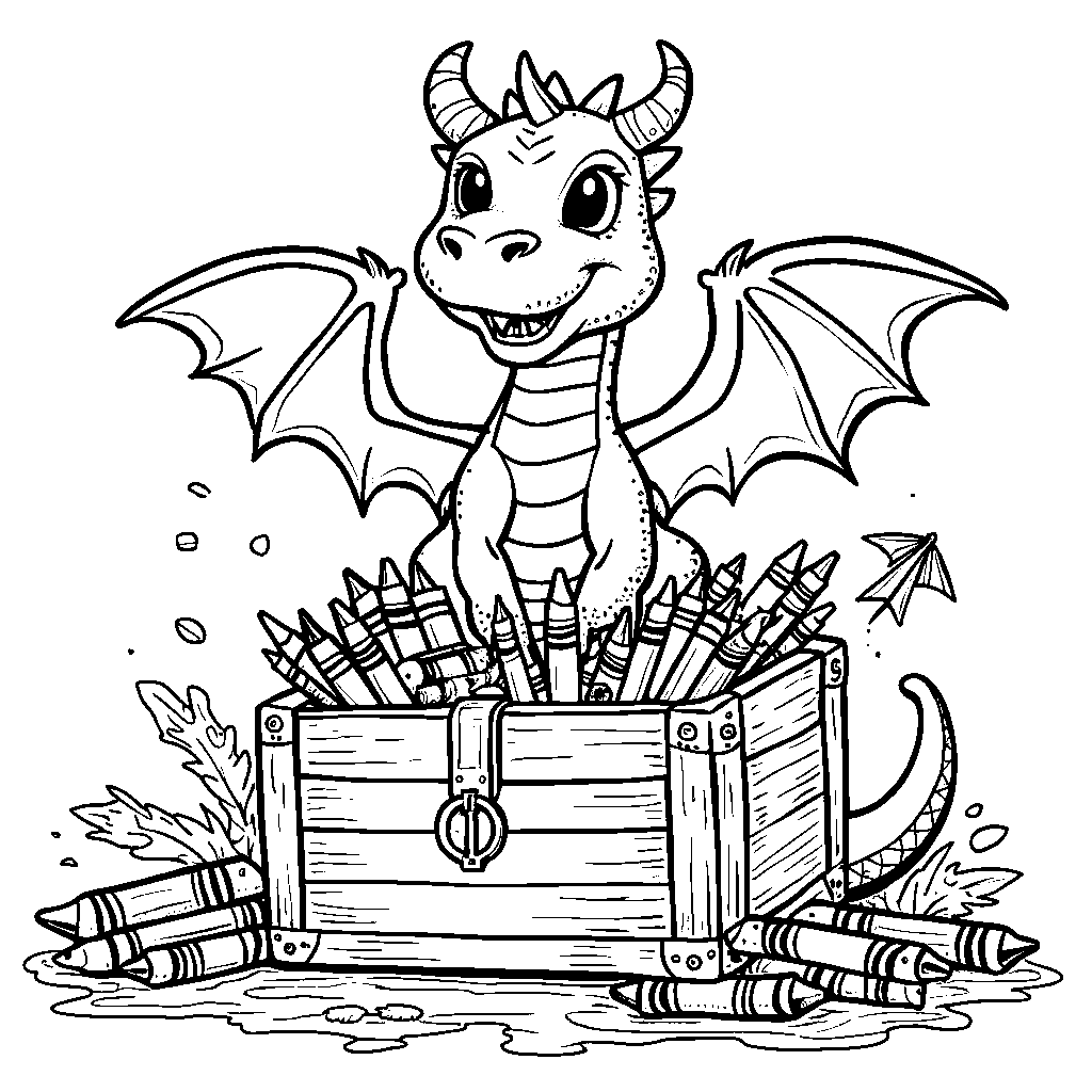 A dragon guarding a treasure chest filled with crayons