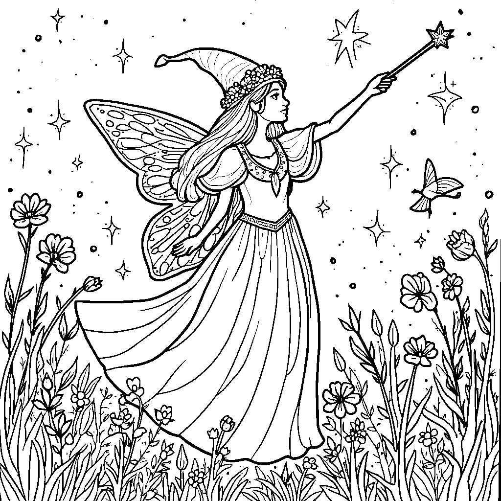 A fairy godmother waving her wand over a magical kingdom