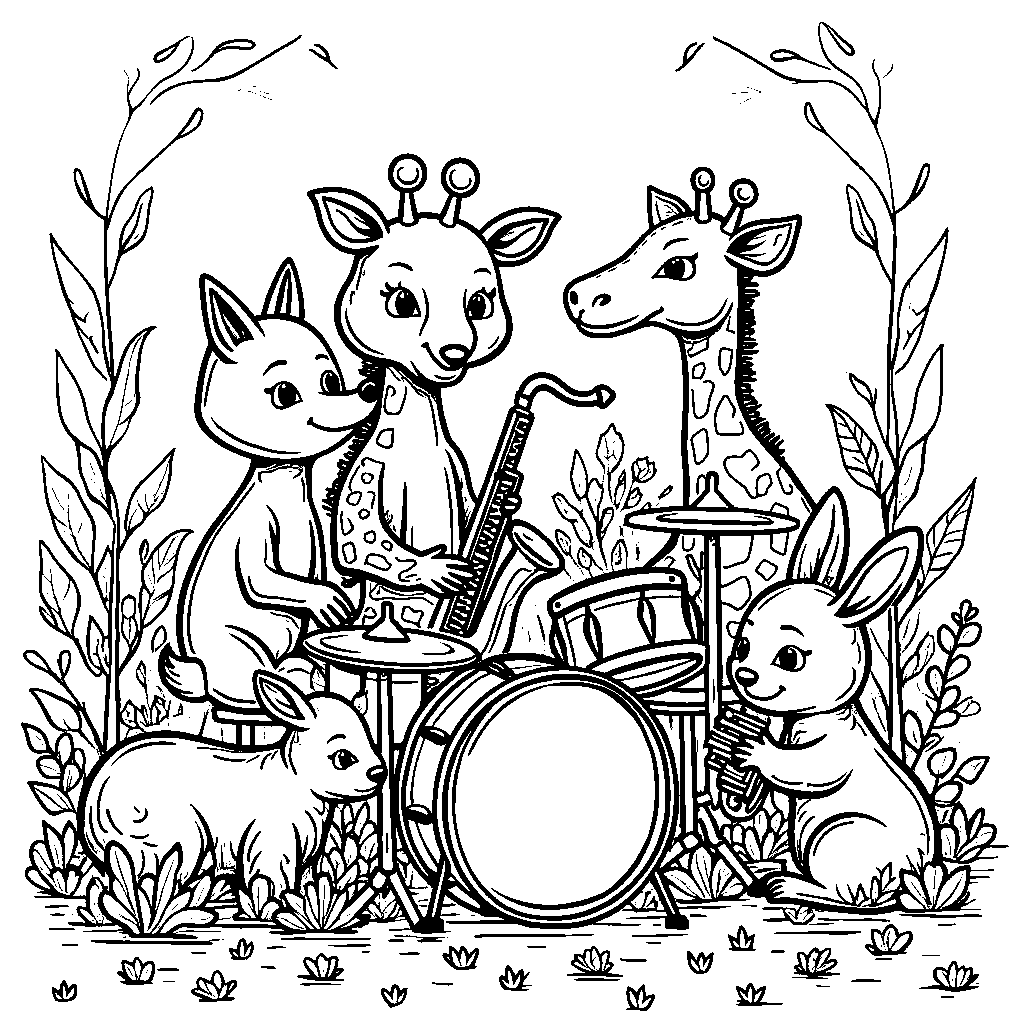 A group of animals playing musical instruments