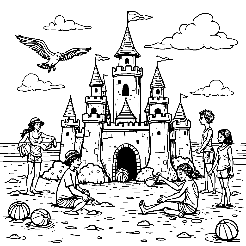 A group of friends building a sandcastle on the beach