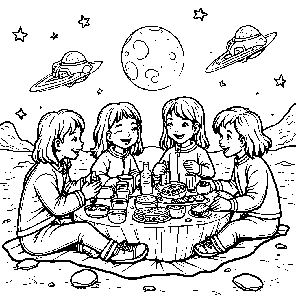 A group of friends having a picnic on the moon