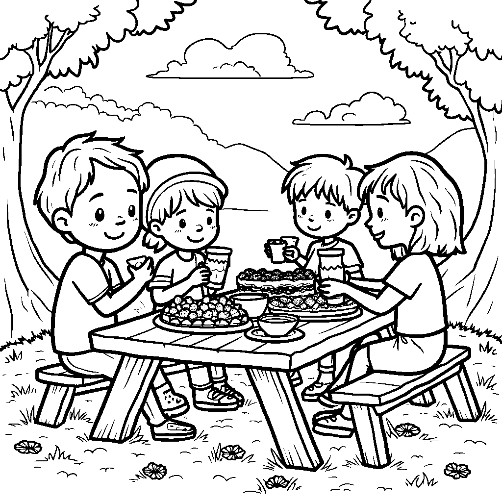 A group of friends having a snack at a giant picnic table