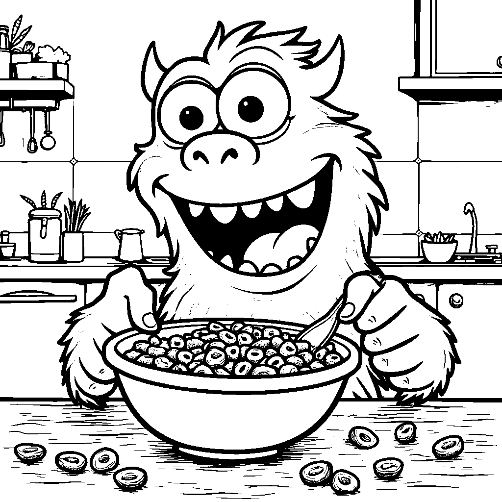 A happy monster eating a giant bowl of colorful cereal