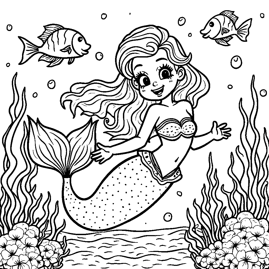 A mermaid swimming with a school of rainbow fish