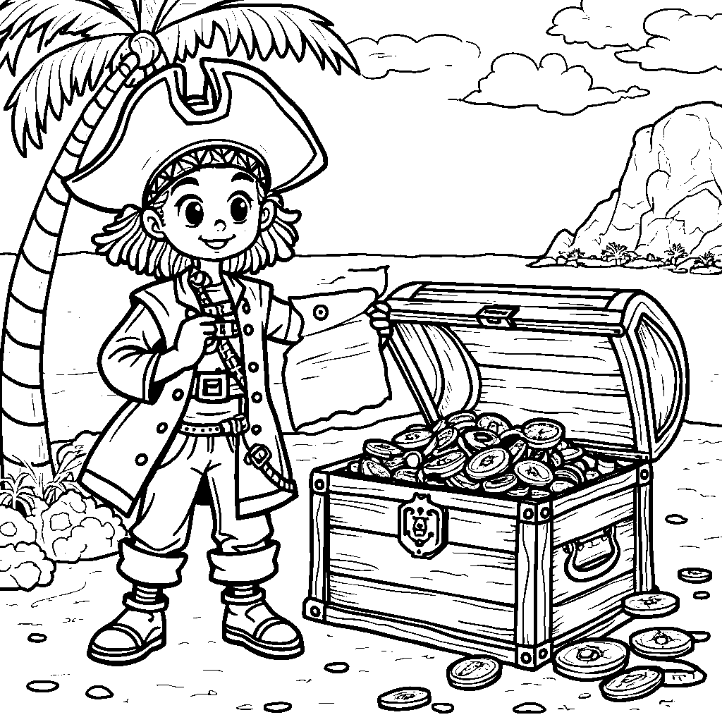 A pirate finding hidden treasure on a deserted island