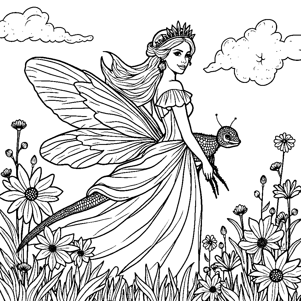 A princess riding a dragonfly through a field of wildflowers