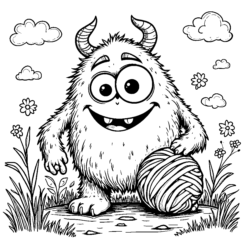 A happy monster playing with a ball of yarn