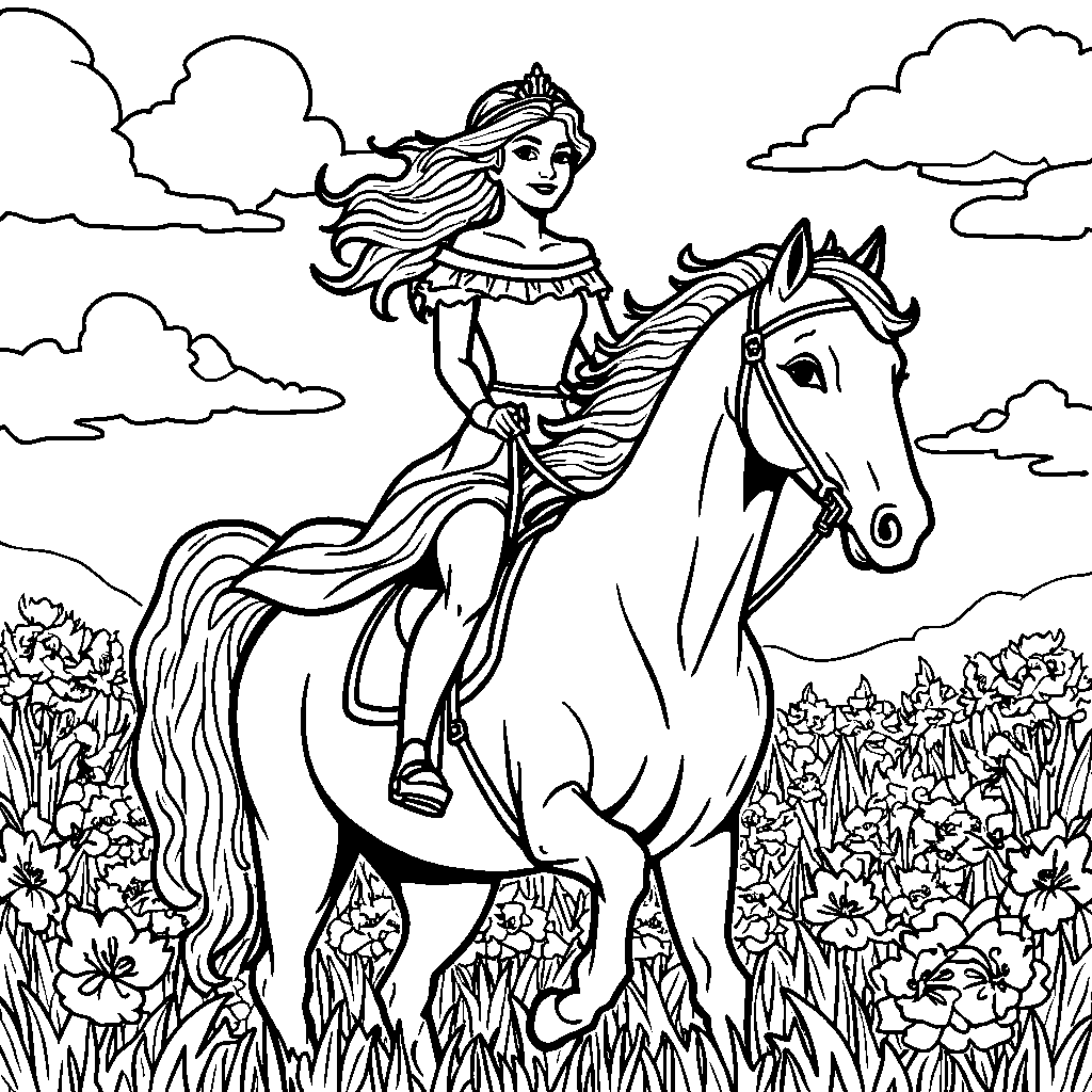 A princess riding a horse through a field of flowers