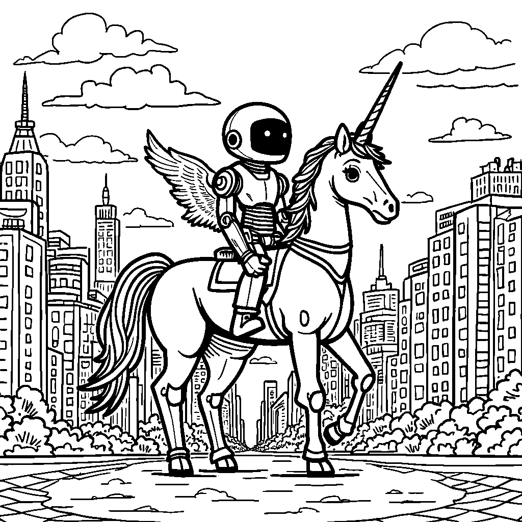 A robot riding a unicorn through a rainbow-colored city