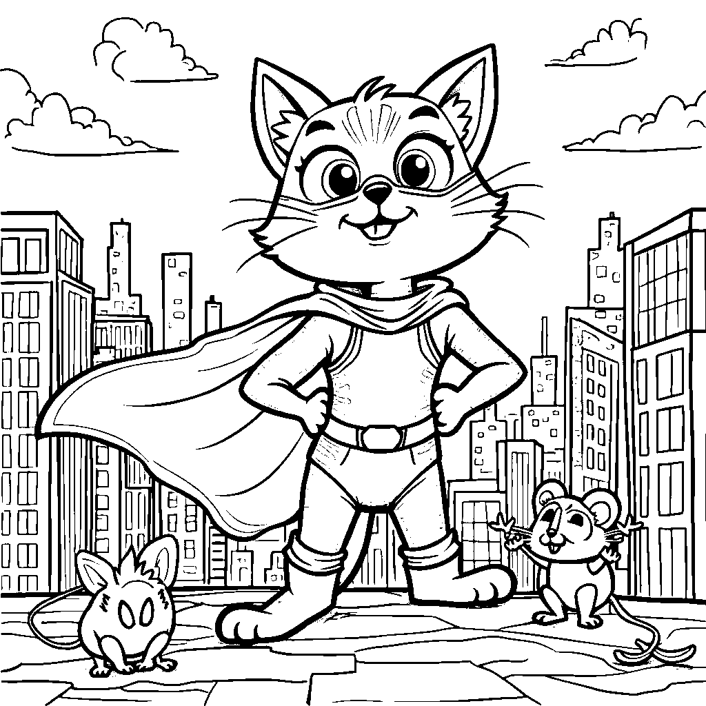 A superhero cat saving the city from an evil villain