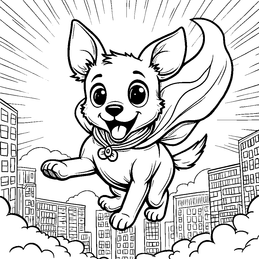 A superhero dog flying through the air