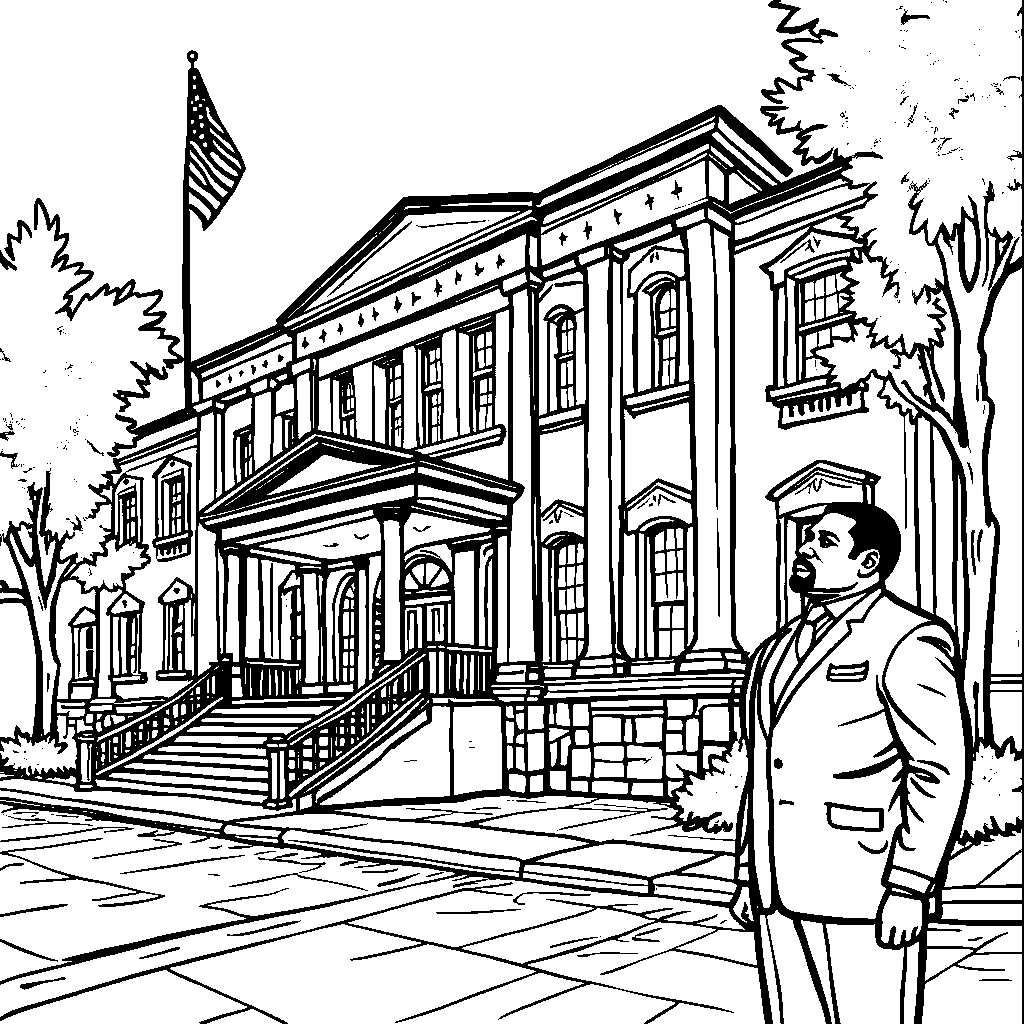 A drawing of the Audubon Ballroom where Malcolm X was assassinated