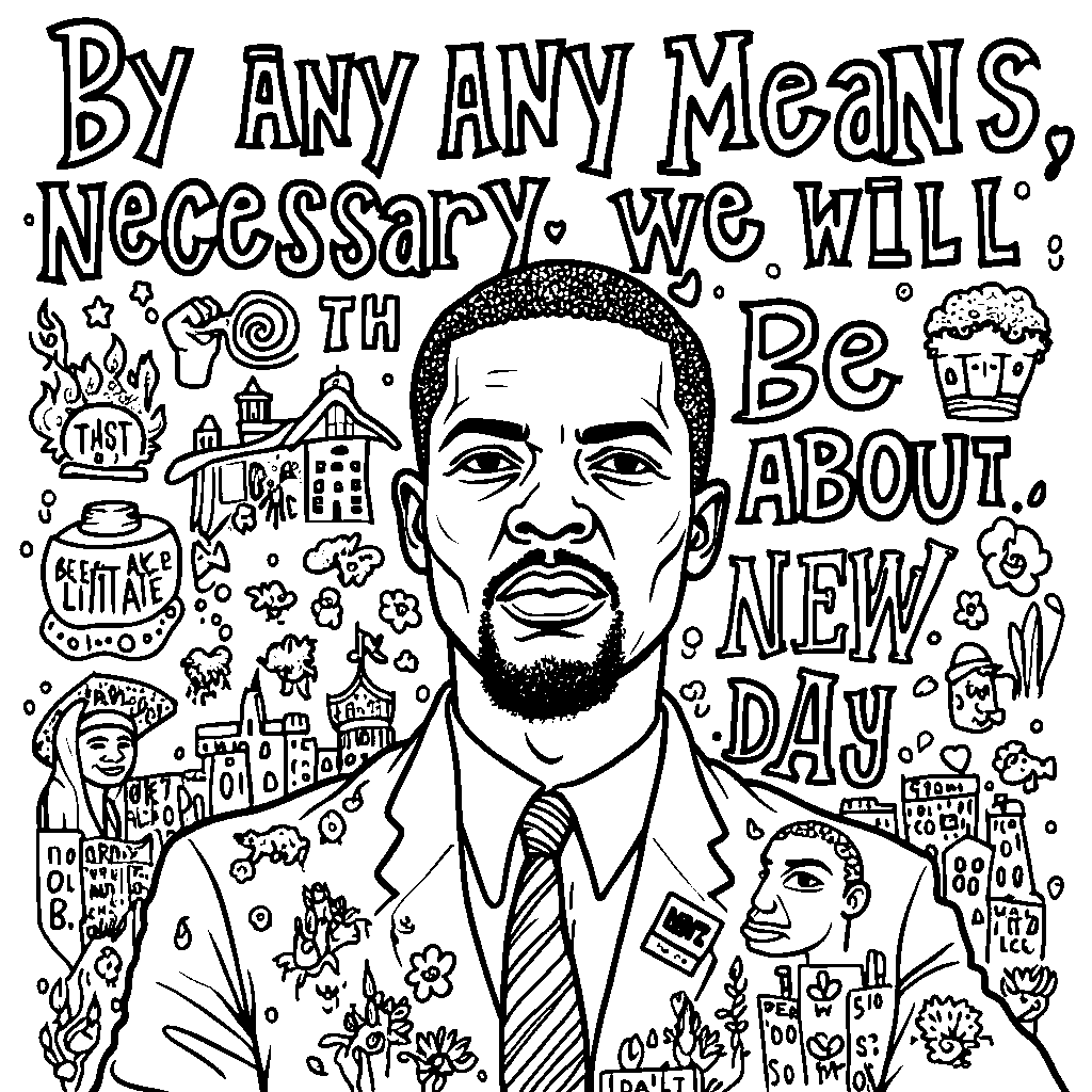 A picture of Malcolm X's favorite quote, 'By any means necessary, we will bring about a new day'