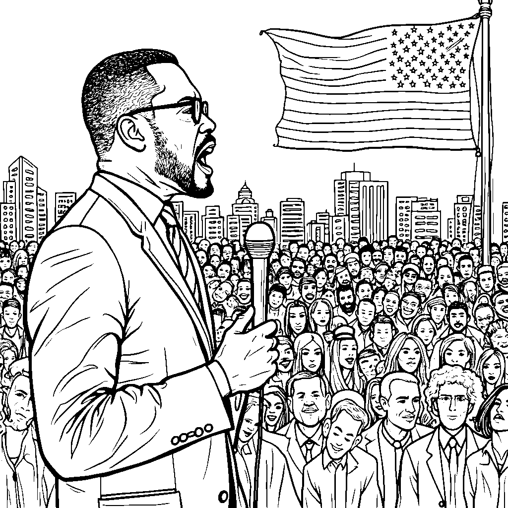 Malcolm X giving a speech in front of a crowd of diverse people