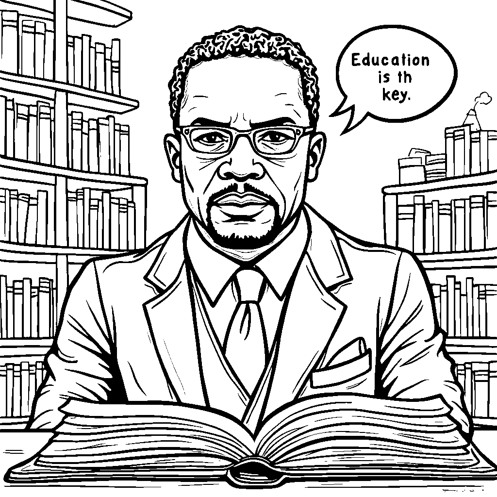 Malcolm X holding a book with a quote bubble saying 'Education is the key'