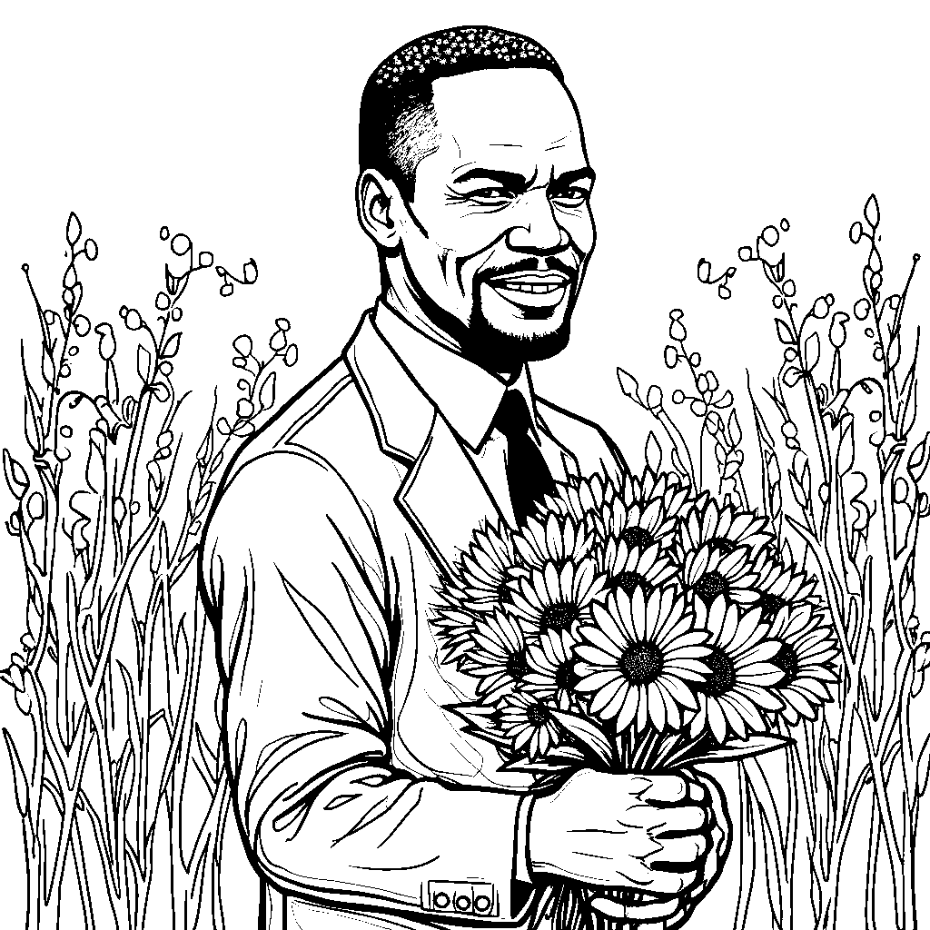 Malcolm X holding a bouquet of flowers, symbolizing peace and love