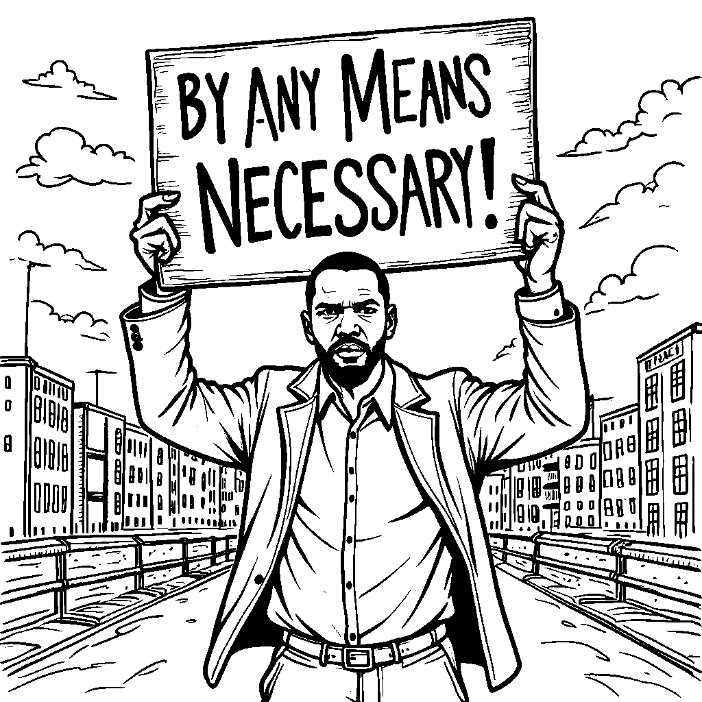 Malcolm X holding a sign that says 'By Any Means Necessary'