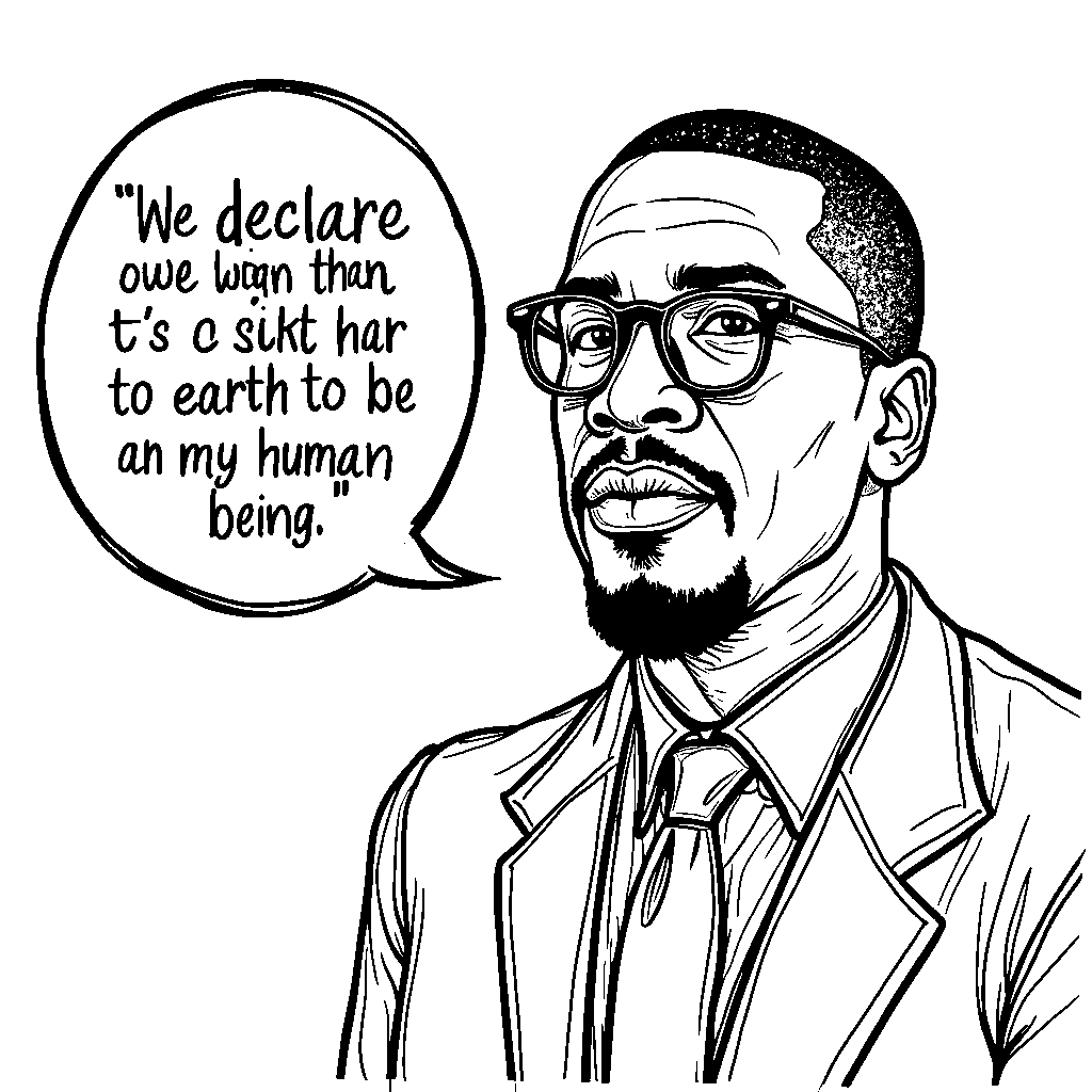 A portrait of Malcolm X with a quote bubble saying 'We declare our right on this earth to be a human being'