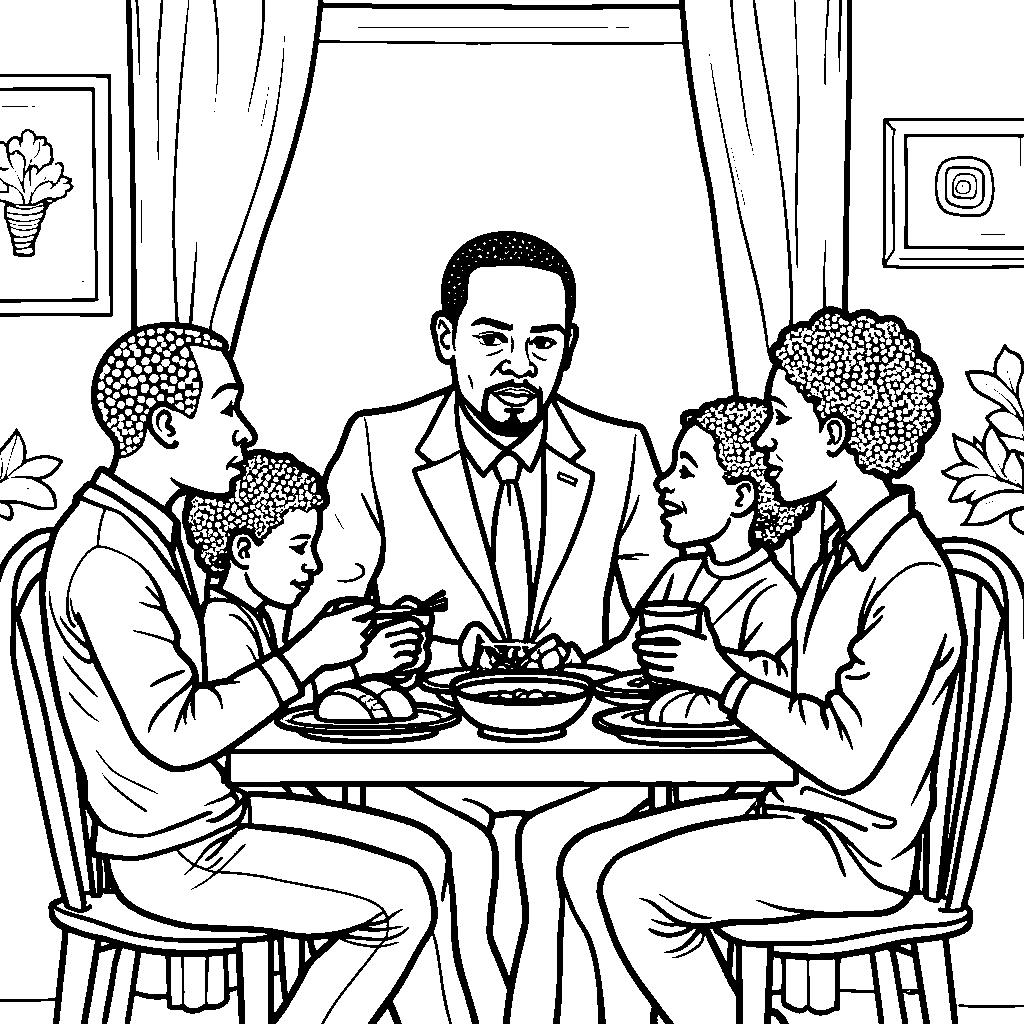 Malcolm X sitting at a table, having a meal with his family