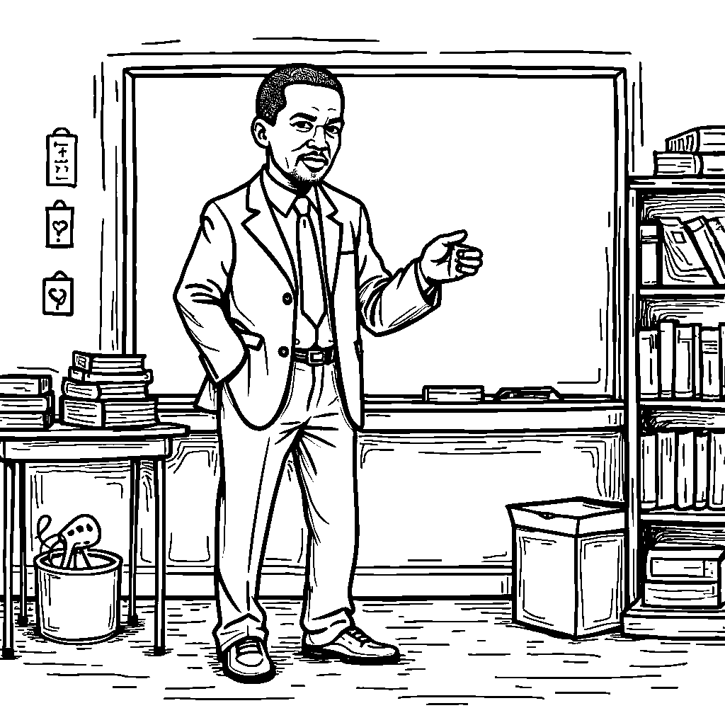 Malcolm X standing in front of a blackboard with a lesson plan about equality