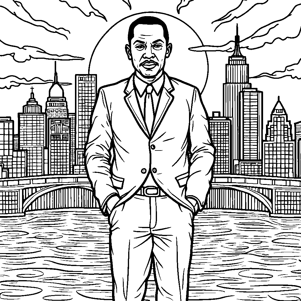 Malcolm X standing in front of a city skyline, symbolizing progress and change