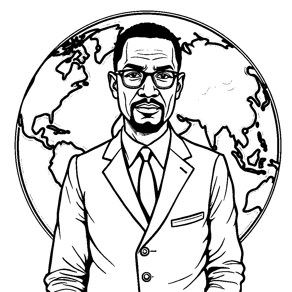 Malcolm X standing in front of a globe, highlighting his international influence