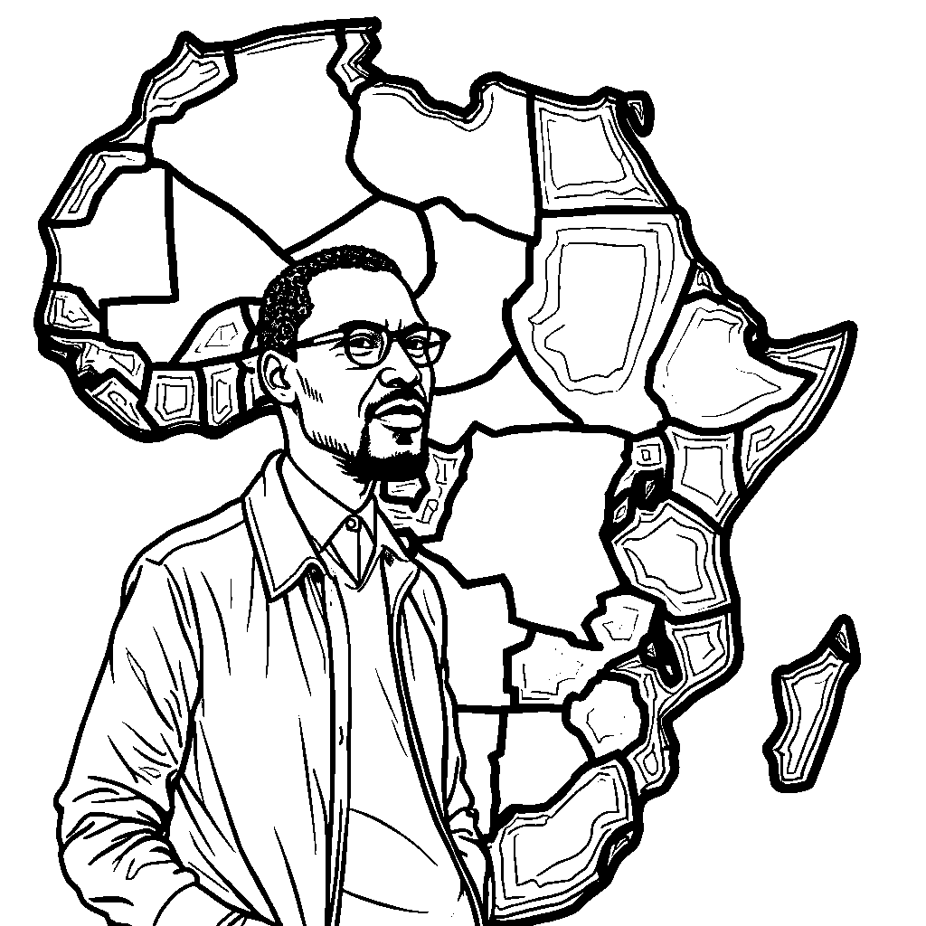 Malcolm X standing in front of a map of Africa, highlighting his heritage