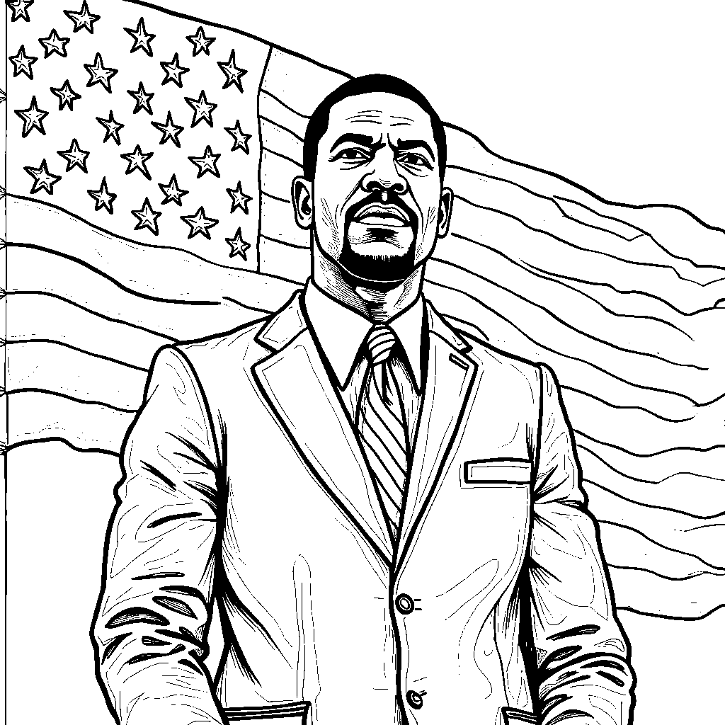 Malcolm X standing in front of an American flag