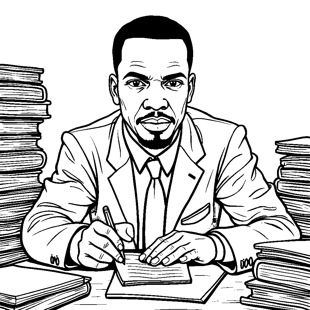 Malcolm X surrounded by books and papers, researching and writing