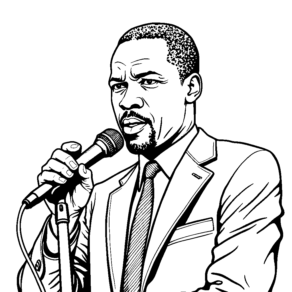 Malcolm X wearing a suit and tie, holding a microphone