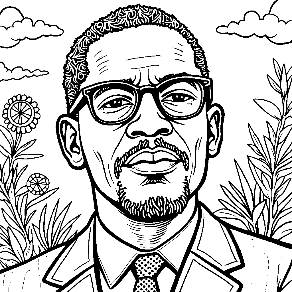 A portrait of Malcolm X with a quote bubble saying 'Be peaceful, be courteous, obey the law, respect everyone'