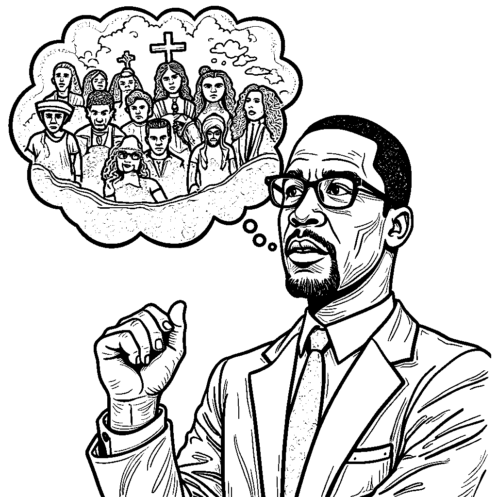 A portrait of Malcolm X with a thought bubble filled with images of freedom and equality