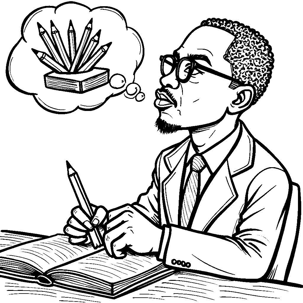 A portrait of Malcolm X with a thought bubble filled with books and pencils