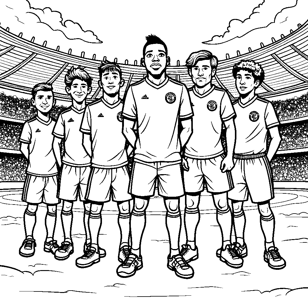 A cartoon version of a big soccer team with Mbappe as the captain