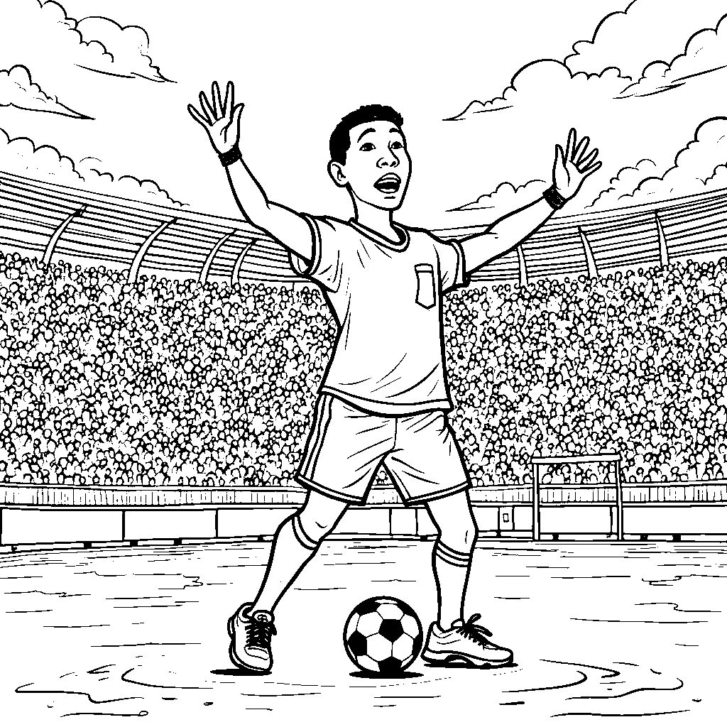 A cartoonish soccer field with Mbappe as the referee