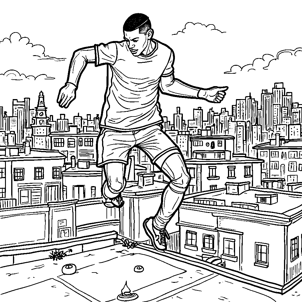 A city skyline with Kylian Mbappe performing soccer tricks on rooftops