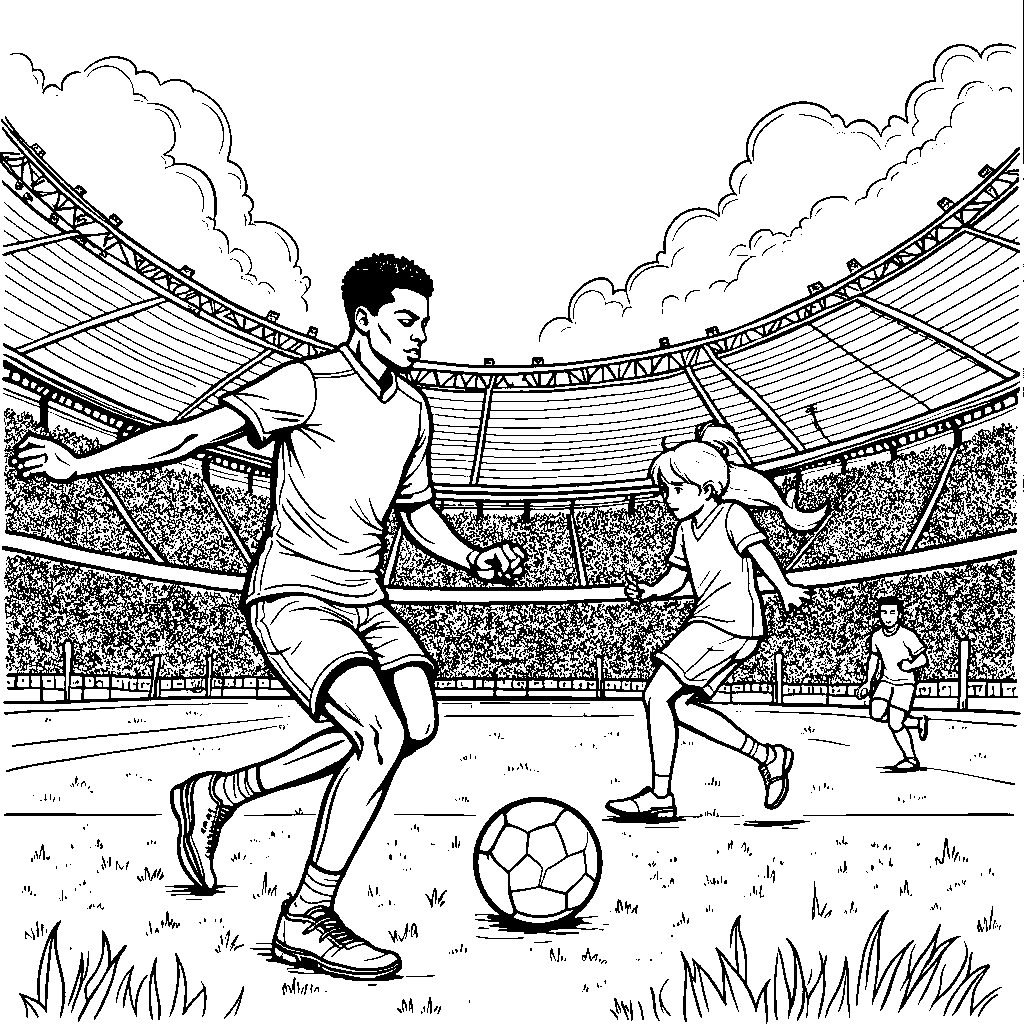 A fantasy soccer match with Mbappe leading magical creatures