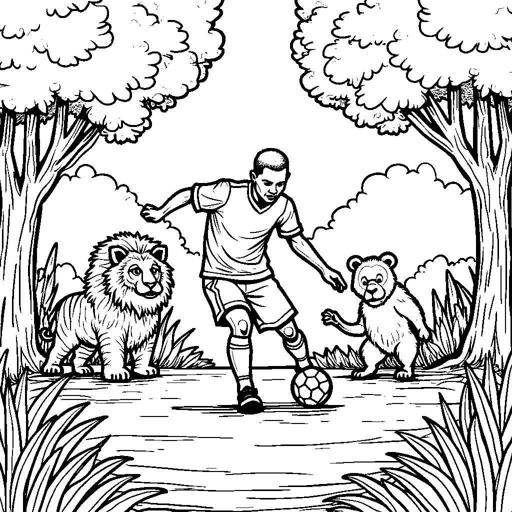 Mbappe playing soccer with friendly animals in a jungle scene