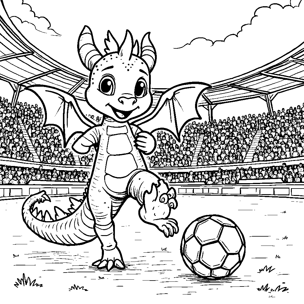 A playful dragon playing soccer with Kylian Mbappe